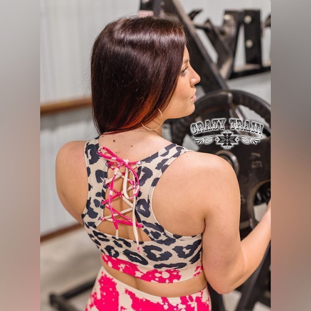 Crazy Train Pink Leopard Print Lace Up Activewear Sports Bra